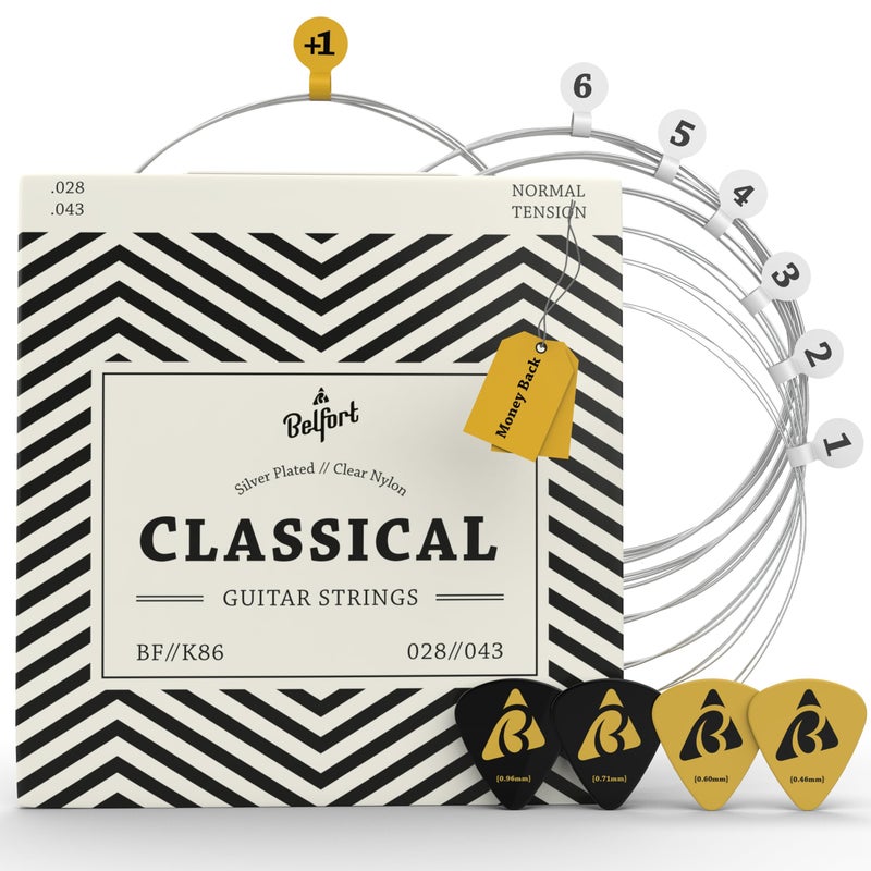 Belfort Classical Guitar Strings Nylon - Classical Nylon Strings Coated in Silver - 6 Guitar String Set + Extra 1E - Cuerdas para guitarra acustica - Cuerdas de guitarra acustica - Image 1